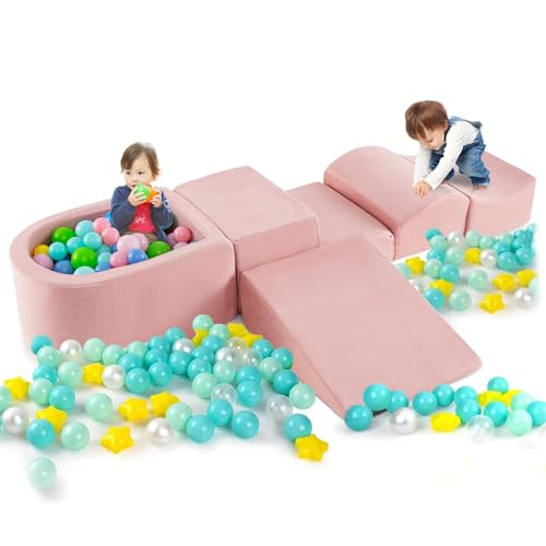 COSTWAY 5 TLG. Schaumstoffbausteine, Riesenbausteine mit Bällebad, Großbausteine zum Toben und Klettern, Kletterblöcke Softbausteine Kinder für Spielzimmer, Kinderzimmer (Rosa) von COSTWAY