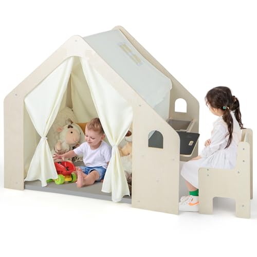 COSTWAY 6-IN-1 Kinderzelt Holz mit Kindertisch & Stuhl, Kinderspielhaus mit Matte | Tafel | Aufbewahrungsbox | Kreidebox, Spielzelt Spielhaus Indoor für Kinder ab 2 Jahren (Mit 1 Box) von COSTWAY