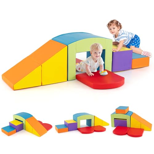 COSTWAY 6 TLG. Schaumstoffbausteine, Softbausteine mit Tunne, Treppe & Rampe, Riesenbausteine zum Klettern & Toben, Großbausteine aus Schaumstoff, Kletterblöcke Indoor für Kinder (Bunt) von COSTWAY