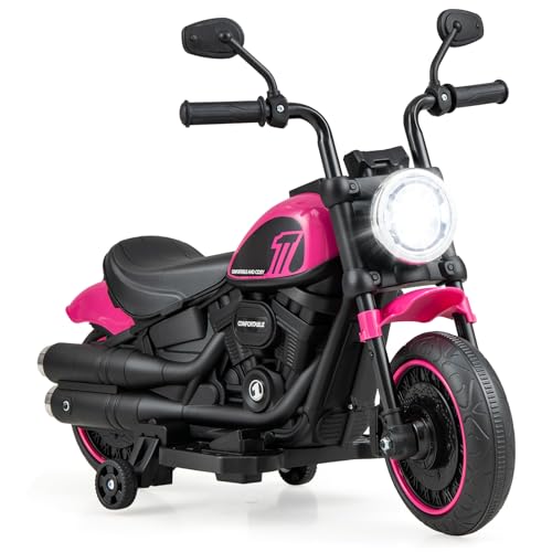 COSTWAY 6V Elektro Motorrad Kinder, Kindermotorrad mit Scheinwerfern, Elektrisches Motorrad mit Stützrädern, Elektromotorrad für Kinder ab 18 Monaten (Rosa) von COSTWAY