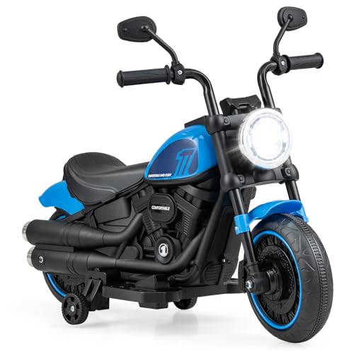 COSTWAY 6V Elektro Motorrad Kinder, Kindermotorrad mit Scheinwerfern, Elektrisches Motorrad mit Stützrädern, Elektromotorrad für Kinder ab 18 Monaten (Blau) von COSTWAY