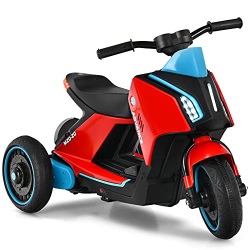 COSTWAY 6V Kinder Elektro Motorrad mit Musik, Hupe und Scheinwerfer, Dreirad Kindermotorrad mit Vorwärts- und Rückwärtsfunktion, bis zu 4 km/h (Rot) von COSTWAY