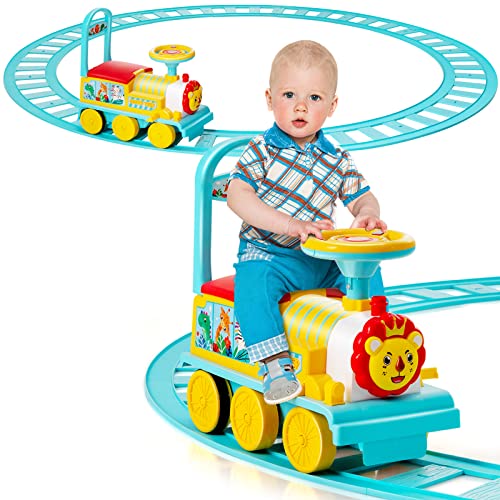 COSTWAY 6V Kinder Aufsitz Lokomotive mit Bahn, Elektro Kinderauto mit Musik, Lichter, Box unter dem Sitz & einziehbaren Fußpedalen für Kleinkinder ab 3 (Blau) von COSTWAY