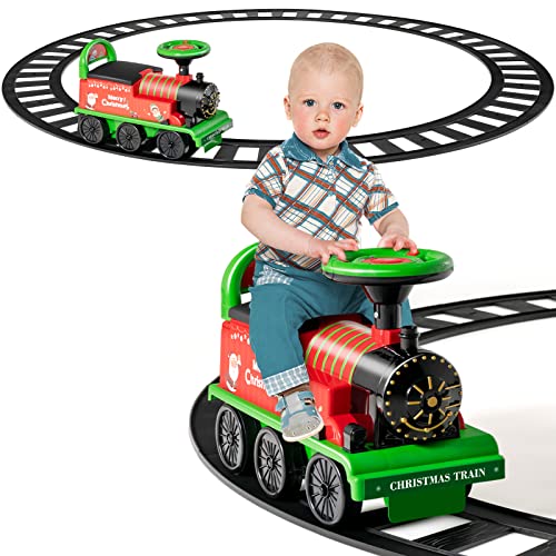 COSTWAY 6V Kinder Aufsitz Lokomotive mit Bahn, Elektro Kinderauto mit Musik, Lichter, Box unter dem Sitz & einziehbaren Fußpedalen für Kleinkinder ab 3 (Grün) von COSTWAY