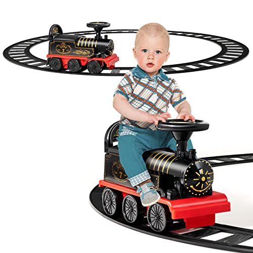 COSTWAY 6V Kinder Aufsitz Lokomotive mit Bahn, Elektro Kinderauto mit Musik, Lichter, Box unter dem Sitz & einziehbaren Fußpedalen für Kleinkinder ab 3 (Schwarz) von COSTWAY