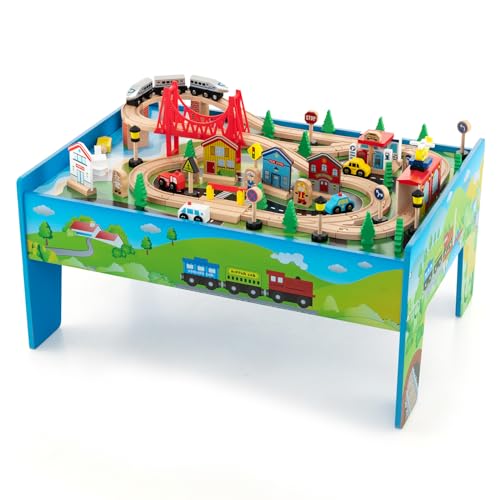 COSTWAY 80-teiliges Kinder Eisenbahn Set, Spieltisch aus Holz mit umkehrbarer & abnembarer Tischplatte, Holzeisenbahn Zug Spielzeug für Kinder ab 3 Jahre (80 teilig) von COSTWAY