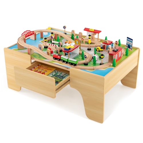 COSTWAY 84-teiliges Kinder Eisenbahn Set, Spieltisch aus Holz mit umkehrbarer & abnembarer Tischplatte und Schublade, Holzeisenbahn Zug Spielzeug für Kinder ab 3 Jahre (84 teilig) von COSTWAY