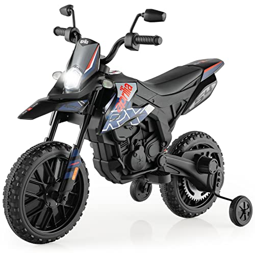 COSTWAY Aprilia Elektro Motorrad Kinder, 12V Kindermotorrad mit Stützrädern & Musik & Scheinwerfer, 5,5-6 km/h, geeignet für Kinder von 3 bis 8 Jahren (Blau) von COSTWAY