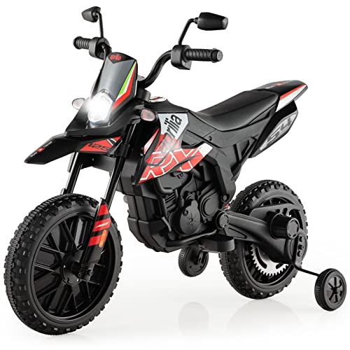 COSTWAY Aprilia Elektro Motorrad Kinder, 12V Kindermotorrad mit Stützrädern & Musik & Scheinwerfer, 5,5-6 km/h, geeignet für Kinder von 3 bis 8 Jahren (Rot) von COSTWAY