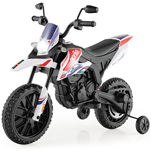 COSTWAY Aprilia Elektro Motorrad Kinder, 12V Kindermotorrad mit Stützrädern & Musik & Scheinwerfer, 5,5-6 km/h, geeignet für Kinder von 3 bis 8 Jahren (Weiß) von COSTWAY