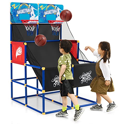 COSTWAY Arcade Basketball Spielset, Basketballständer mit 2 Körben, 4 Bällen und Pumpe, Mini Basketballkorb Outdoor Indoor, Basketballspiel 2 Spieler, Basketball Hoop Kinder Erwachsener, 140cm hoch von COSTWAY