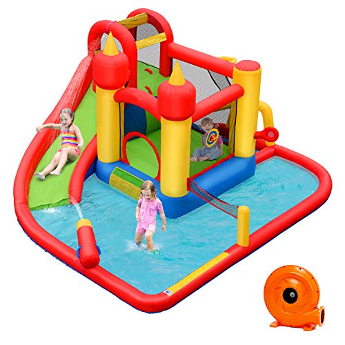 COSTWAY Aufblasbare Hüpfburg + 610W Gebläse Kombination mit Rutsche Wasserbecken, Springburg Hüpfschloss Outdoor Bouncer Spielpool Luftgebläse inkl. Tragetasche, Pfähle, Reparaturpaket 426x378x226cm von COSTWAY