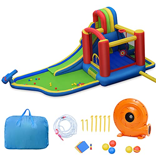 COSTWAY Aufblasbare Hüpfburg mit 450W Gebläse Rutsche Wasserbecken, Springburg Spielpool Hüpfschloss Outdoor Bouncer Luftgebläse inkl. Tragetasche, Pfähle, Reparaturpaket 580x270x230cm von COSTWAY