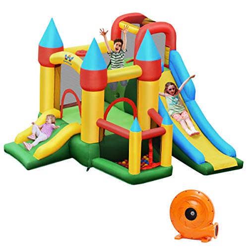 COSTWAY Aufblasbare Hüpfburg mit 610W Luftgebläse 2 Rutsche Springburg Hüpfschloss Outdoor Bouncer Spielburg inkl. 60 Ozeanbälle, Tragetasche, Pfähle, Reparaturpake 330x300x210cm von COSTWAY