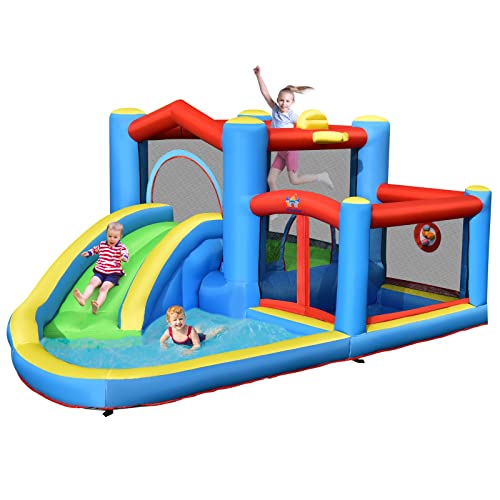 COSTWAY Aufblasbare Hüpfburg mit Rutsche Planschbecken, Outdoor Springburg Spielburg Wasserpark für Kinder inkl. Tragetasche 410 x 310 x 191 cm von COSTWAY