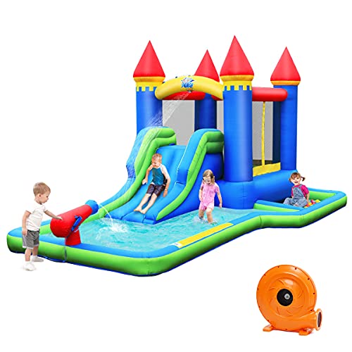 COSTWAY Aufblasbarer Wasserrutsche Park mit Hüpfburg, Spielpool Springburg mit Rutsche Kletterwand Ozeanbälle Sprungbereich, Wasserspielcenter Planschbecken Wasserpark, 480 x 280 x 230cm von COSTWAY