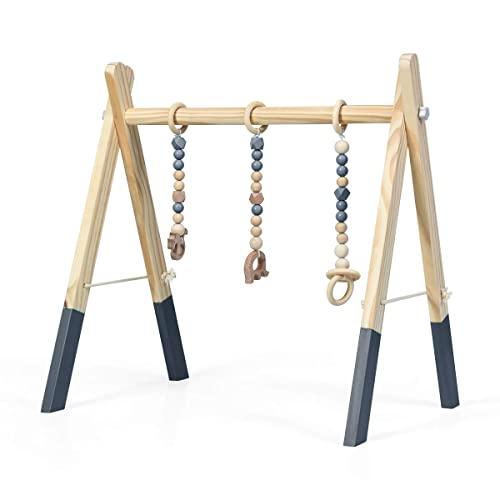 COSTWAY Baby Spielbogen Holz, Spieltrapez klappbar, Baby Gym mit 3 abnehmbaren Kinderspielzeugen, Spieltrapez für Babys über 3 Monate, Holzspielzeug zur Gehirnentwicklung (Grau) von COSTWAY