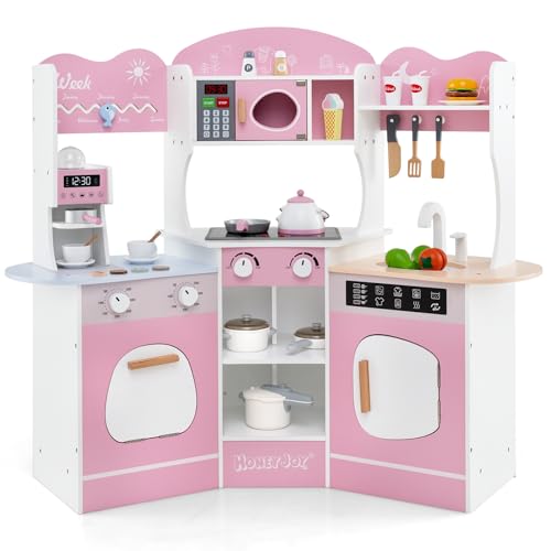 COSTWAY Kinderküche mit Zubehör, Eck Spielküche Holz mit Licht und Sound, Holzküche mit Kaffeemaschine, Mikrowelle, Waschmaschine, Ofen, Eckspielküche für Kinder ab 3 Jahren (Pink) von COSTWAY