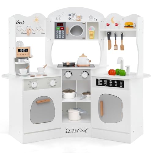 COSTWAY Eck Spielküche Holz, Kinderküche mit Sound und Licht, Spielset mit Kaffeemaschine, Rutsche, Mikrowelle, Waschmaschine, Ofen & Zubehör, Spielzeug für Kinder ab 3 Jahren (Weiß) von COSTWAY