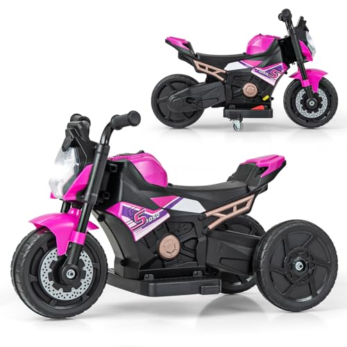 COSTWAY Elektro Motorrad Kinder, Elektromotorrad mit abnehmbaren Stützrädern & Scheinwerfer & Musik & Hupe, 2-3 km/h Motorrad Elektro für Kinder von 18-36 Monaten (Rosa) von COSTWAY