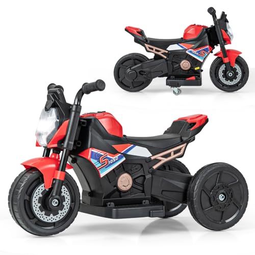 COSTWAY Elektro Motorrad Kinder, Elektromotorrad mit abnehmbaren Stützrädern & Scheinwerfer & Musik & Hupe, 2-3 km/h Motorrad Elektro für Kinder von 18-36 Monaten (Rot) von COSTWAY