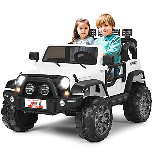 COSTWAY Elektroauto 4 x 4, 12 V, für Kinder ab 3 Jahren, mit 2 Sitzplätzen, Fernbedienung 2,4 G, Federaufhängung, 3 Geschwindigkeiten, USB-Anschluss und Aux, LED-Lichter, Musik und Hupe, 123 x 80 x 80 von COSTWAY