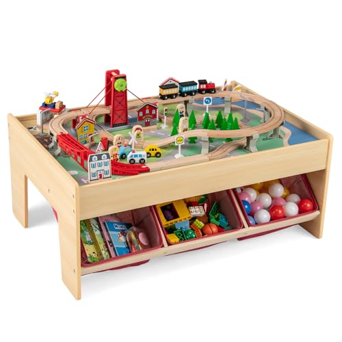 COSTWAY Holzeisenbahn Set mit Tisch, 94-teiliges Eisenbahn-Set mit 2 wendbaren Tischplatten, 3 Stoffschubladen, 2 in 1 Spieltisch mit Zubehör aus Holz, Aktivitätstisch für Kinder ab 3 Jahren COSTWAY Holzeisenbahn Set mit Tisch, 94-teiliges Eisenbahn-Set mit 2 wendbaren Tischplatten, 3 Stoffschubladen, 2 in 1 Spieltisch mit Zubehör aus Holz, Aktivitätstisch für Kinder ab 3 Jahren von COSTWAY