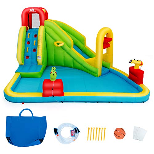 COSTWAY Hüpfburg Aufblasbare, Wasserrutsche Spielpool, Wasserspielcenter mit Rutsche, Wasserpark aufblasbar, Planschbecken 400 x 335 x 230cm Farbig von COSTWAY