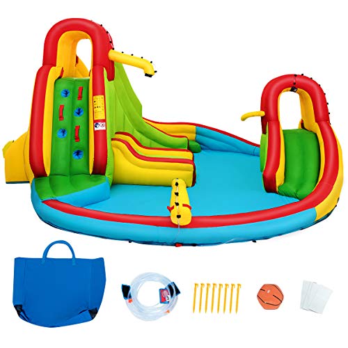 COSTWAY Hüpfburg aufblasbar mit 2 Rutschen, Wasserrutsche Spielpool, Springburg Wasserpark Planschbecken mit Kletterwand, Basketballring, Wasserspielplatz mit Tasche 460x420x233cm von COSTWAY