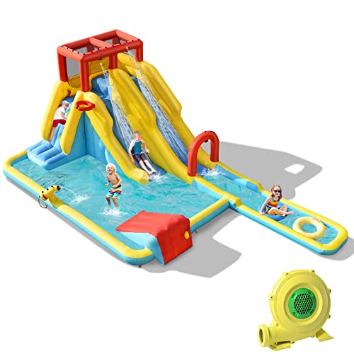 COSTWAY Hüpfburg mit 680W Gebläse, Wasserrutsche, Kletterwand, Basketballkorb, Wasserpistole, Wasserpark für draußen, inkl. aufblasbarem Basketball, Schwimmringen, Tragetasche und Reparaturset COSTWAY Hüpfburg mit 680W Gebläse, Wasserrutsche, Kletterwand, Basketballkorb, Wasserpistole, Wasserpark für draußen, inkl. aufblasbarem Basketball, Schwimmringen, Tragetasche und Reparaturset von COSTWAY