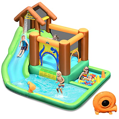 COSTWAY Hüpfburg mit Gebläse, Wasserrutsche Spielpool Aufblasbare, Wasserspielcenter mit Rutsche, Wasserpark aufblasbar, Planschbecken 368x303x230cm von COSTWAY