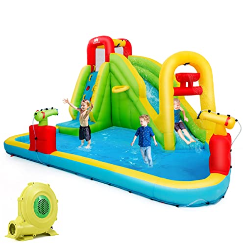 COSTWAY Hüpfburg mit Gebläse, Wasserrutsche Spielpool Aufblasbare, Wasserspielcenter mit Rutsche, Wasserpark aufblasbar, Planschbecken 400 x 335 x 230cm Farbig von COSTWAY