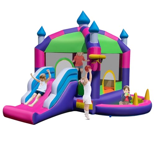 COSTWAY Hüpfburg mit Sonnendach, Rutsche, Sprungbereich, Basketballkorb, Ozeanbälle & Ringwurfspiel, Bouncy Castle für Kinder, 385 x 332,5 x 300 cm von COSTWAY