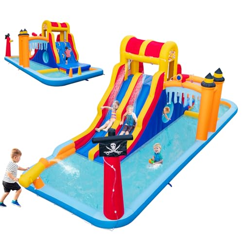 COSTWAY Hüpfburg mit zwei Rutschen, Kletterwand, Kriechhöhle, Wasserkanone & Planschbecken, Bouncy Castle, Wasserpark für Kinder, 693 x 295 x 263 cm von COSTWAY