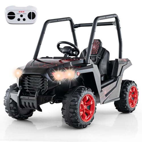 COSTWAY Kinder Elektroauto, 24V Kinder UTV Elektrisch mit 2,4G Fernsteuerung, Elektrofahrzeuge mit Musik, Hupe, Radio & LED-Leuchten, Elektroauto für Kinder ab 3 Jahre (Schwarz + Rot) von COSTWAY