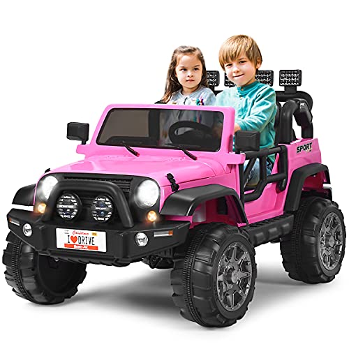 COSTWAY Kinder Elektroauto 2 Sitzer mit 2,4G-Fernbedienung, 3 Gang 12V Kinderauto mit MP3, Musik, Hupe und Scheinwerfer, Jeep Auto 2,5-4 km/h, für Kinder ab 3 Jahre (Rosa) von COSTWAY