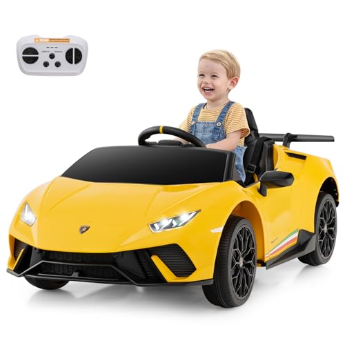 COSTWAY Kinder Elektroauto Lamborghini, 12V Kinderauto Elektrisch mit Fernbedienung & LED-Leuchten & Hupe & Musik & USB, 3 Gang Elektrofahrzeuge 3-5 Km/h, Elektroauto für Kinder ab 3 Jahre (Gelb) von COSTWAY