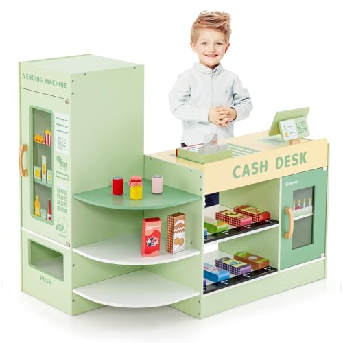 COSTWAY Kinder Kaufladen, Kaufmannsladen aus Holz mit Seitentheke, Supermarkt-Set mit Kasse, POS-Maschine, Verkaufsautomat & Kreidetafel, Einkaufsladen Verkaufsstand für Kinder von 3-8 Jahren (Grün) von COSTWAY