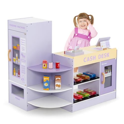 COSTWAY Kinder Kaufladen, Kaufmannsladen aus Holz mit Seitentheke, Supermarkt-Set mit Kasse, POS-Maschine, Verkaufsautomat & Kreidetafel, Einkaufsladen Verkaufsstand für Kinder von 3-8 Jahren (Lila) von COSTWAY