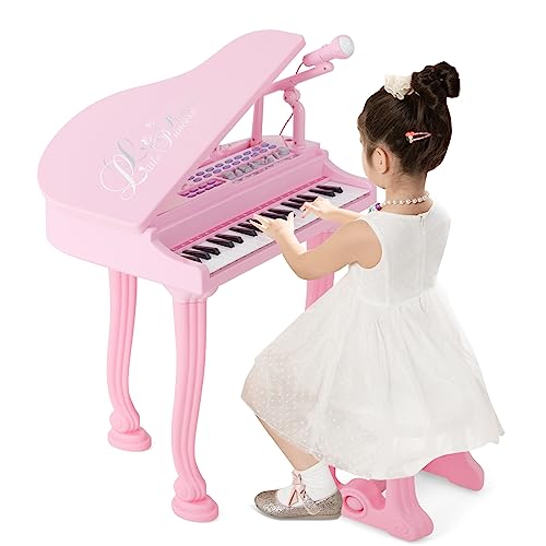 COSTWAY Kinder Keyboard mit 37 Tasten & Hocker, elektronische Klaviertastatur tragbar mit Mikrofon, LED-Lehrmodus, Aufnahme- & Wiedergabefunktion, Musikinstrument für Kinder ab 3 Jahre (Rosa) von COSTWAY