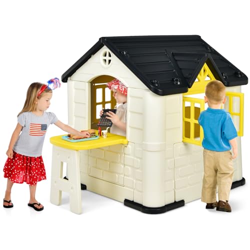 COSTWAY Kinder Spielhaus für bis zu 6 mit Pickniktisch, Türen und Fenstern, Kinderhäuschen Outdoor inkl. Spielzeugset und Regenschutzhülle, ideal für Jungen und Mädchen, 164 x 124 x 132 cm (Gelb) von COSTWAY