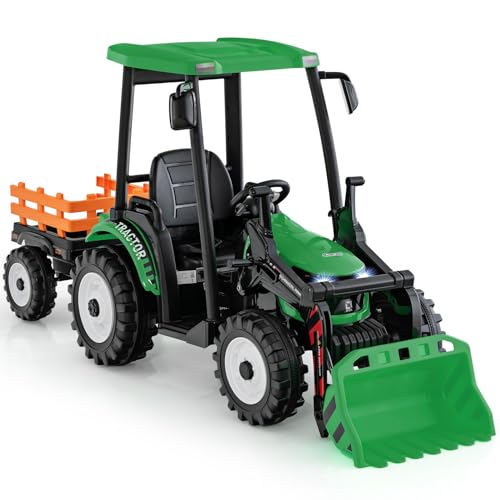 COSTWAY Kinder Traktor mit Anhänger & Schaufel, Elektrischer Aufsitztraktor inkl. Fernbedienung & Bedienhebel, Kindertraktor mit Licht Musik Hupe USB, Elektro Traktor für Kinder ab 3 Jahren (Grün) von COSTWAY