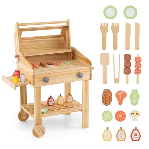 COSTWAY Kindergrill mit Barbecue Zubehör, Grill Kinder mit Regal & Rollen, 25 TLG. BBQ Grill Spielset für Jungen & Mädchen ab 3 Jahren von COSTWAY