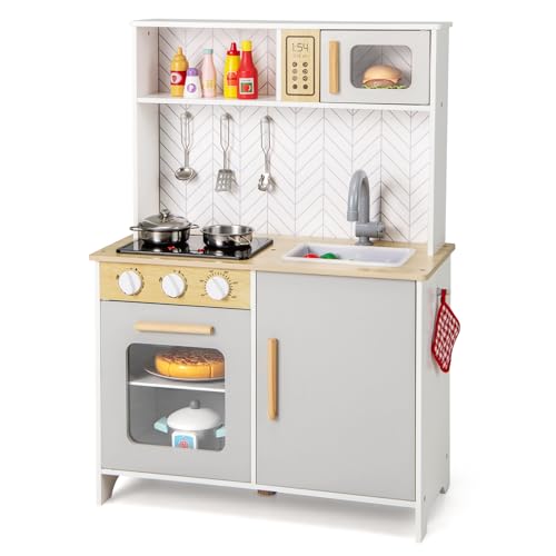 COSTWAY Kinderküche, Spielküche Holz mit Zubehör, Mikrowelle, Herd, Spüle, Backofen, Kinder Küche mit Licht und Sound, Spielzeugküche Holzküche für Kinder ab 2 Jahren von COSTWAY