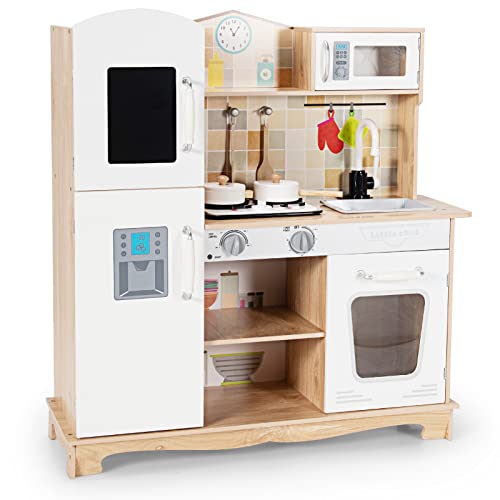 COSTWAY Kinderküche Holz, Kinder Spielküche mit Licht & Sound, Spielzeugküche Holzküche mit Spüle Backofen Mikrowelle Herd und Kochgeschirr, für 3-7 Jahren Kinder, 81x29x88,5cm von COSTWAY