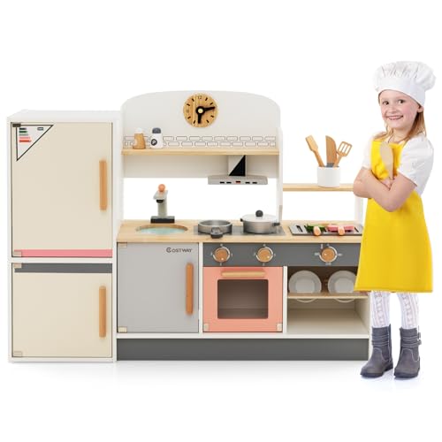 COSTWAY Kinderküche Holz, Spielküche mit Dustabzughaube, Kühlschrank, Wasserhahn & Küchenutensilien, Holzküche Spielzeugküche mit Stauraum für Kinder ab 3 Jahren von COSTWAY