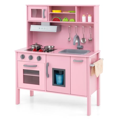 COSTWAY Kinderküche Spielküche inkl. 18 Zubehör, Kinder Küche Holz mit Spüle Mikrowelle Eismaschine Backofen, Spielzeugküche Holzküche für Kinder ab 2 Jahre (Rosa) von COSTWAY