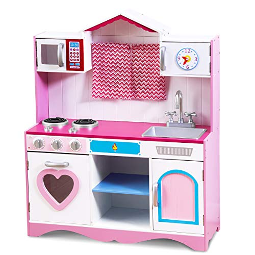 COSTWAY Kinderküche Spielküche, Kinder Küche Holz mit Abnehmbare Spüle Mikrowelle Backofen, Spielzeugküche Holzküche für Kinder ab 3 Jahren, 82x30x100,5 cm, Rosa von COSTWAY