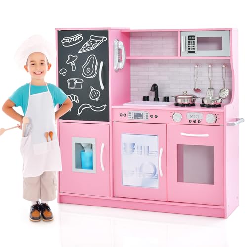 COSTWAY Kinderküche mit 10 Spielzubehör, Spielküche Kinder mit Tafel, Spielzeugküche mit Mikrowelle & Eismaschine & Geschirrspüler & Backofen, Holzküche für Kinder ab 3 Jahre (Rosa) von COSTWAY