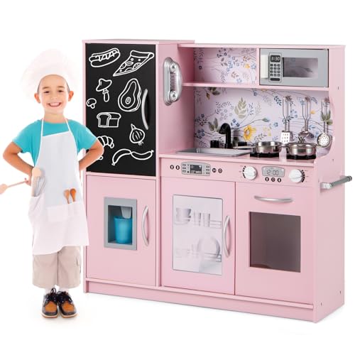 COSTWAY Kinderküche mit 10 Spielzubehör, Spielküche Kinder mit Tafel, Spielzeugküche mit Mikrowelle & Eismaschine & Geschirrspüler & Backofen, Holzküche für Kinder ab 3 Jahre (Weiß + Rosa) von COSTWAY